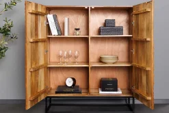Massives Highboard ART 120cm braun Mangoholz 3D-Design schwarz Metall
