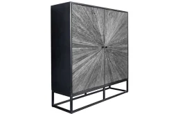 Massives Highboard BARRACUDA 120cm grau Mangoholz mit Teakholz-Front schwarz Metall