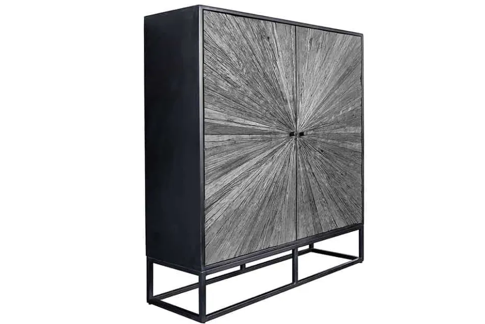 Massives Highboard BARRACUDA 120cm grau Mangoholz mit Teakholz-Front schwarz Metall