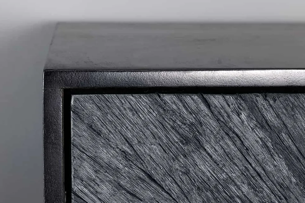 Massives Highboard BARRACUDA 120cm grau Mangoholz mit Teakholz-Front schwarz Metall