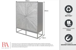 Massives Highboard BARRACUDA 120cm grau Mangoholz mit Teakholz-Front schwarz Metall