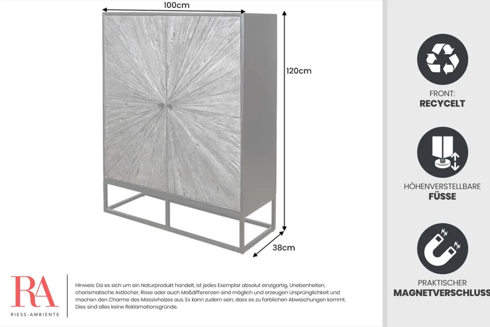 Massives Highboard BARRACUDA 120cm grau Mangoholz mit Teakholz-Front schwarz Metall