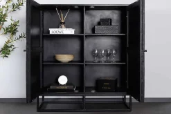 Massives Highboard BARRACUDA 120cm grau Mangoholz mit Teakholz-Front schwarz Metall