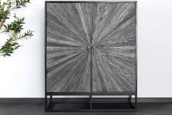 Massives Highboard BARRACUDA 120cm grau Mangoholz mit Teakholz-Front schwarz Metall