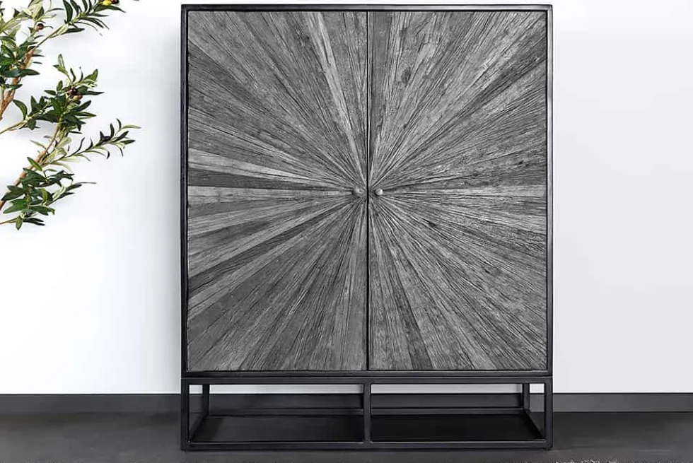 Massives Highboard BARRACUDA 120cm grau Mangoholz mit Teakholz-Front schwarz Metall