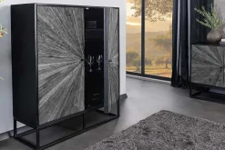 Massives Highboard BARRACUDA 120cm grau Mangoholz mit Teakholz-Front schwarz Metall