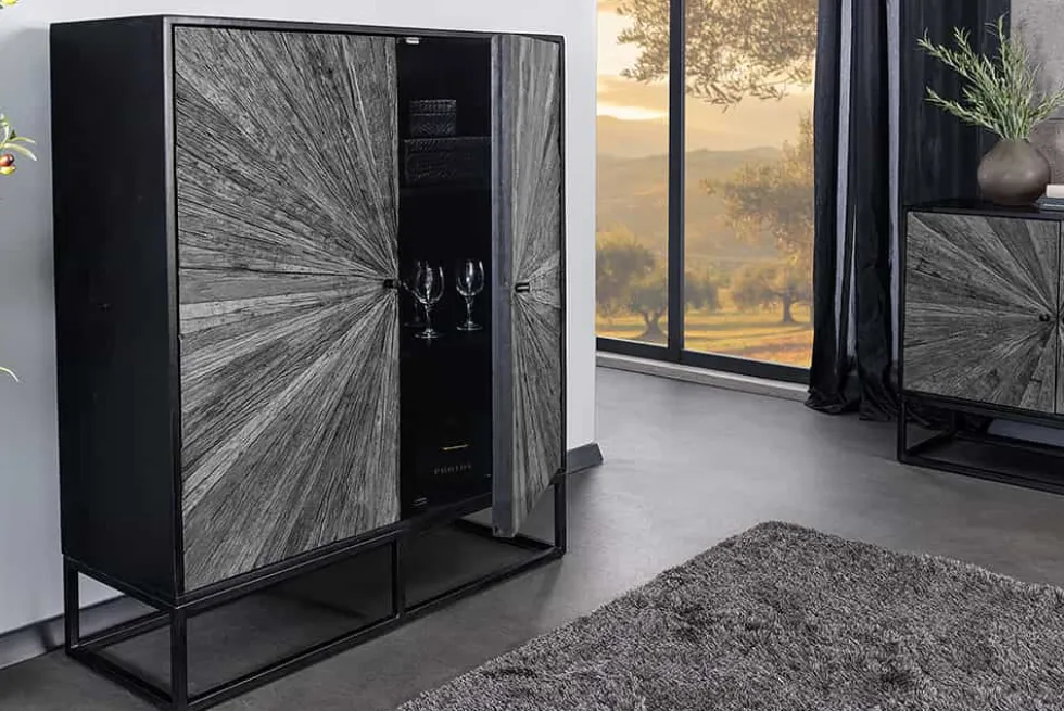 Massives Highboard BARRACUDA 120cm grau Mangoholz mit Teakholz-Front schwarz Metall