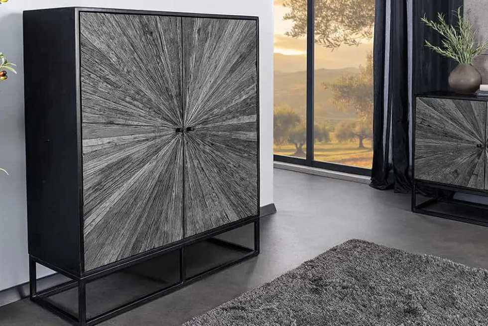 Massives Highboard BARRACUDA 120cm grau Mangoholz mit Teakholz-Front schwarz Metall