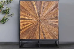 Massives Highboard BARRACUDA 120cm braun Mangoholz mit Teakholz-Front schwarz Metall
