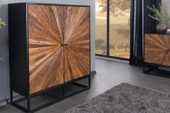 Massives Highboard BARRACUDA 120cm braun Mangoholz mit Teakholz-Front schwarz Metall