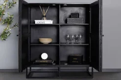 Massives Highboard BARRACUDA 120cm braun Mangoholz mit Teakholz-Front schwarz Metall
