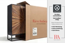 Massives Highboard BARRACUDA 120cm braun Mangoholz mit Teakholz-Front schwarz Metall