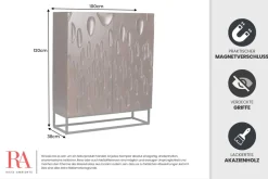Massives Highboard DUNE 120cm walnuss-braun Akazienholz 3D-Design schwarz Metall
