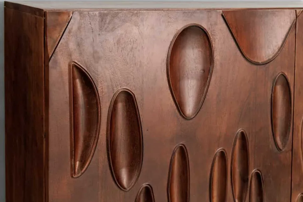 Massives Highboard DUNE 120cm walnuss-braun Akazienholz 3D-Design schwarz Metall