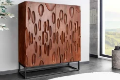 Massives Highboard DUNE 120cm walnuss-braun Akazienholz 3D-Design schwarz Metall