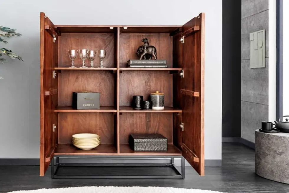 Massives Highboard DUNE 120cm walnuss-braun Akazienholz 3D-Design schwarz Metall