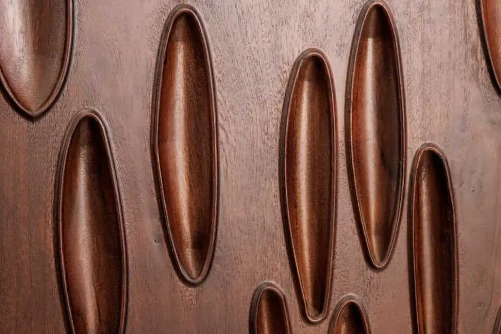 Massives Highboard DUNE 120cm walnuss-braun Akazienholz 3D-Design schwarz Metall