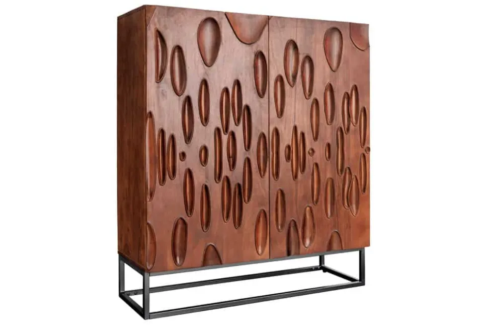 Massives Highboard DUNE 120cm walnuss-braun Akazienholz 3D-Design schwarz Metall
