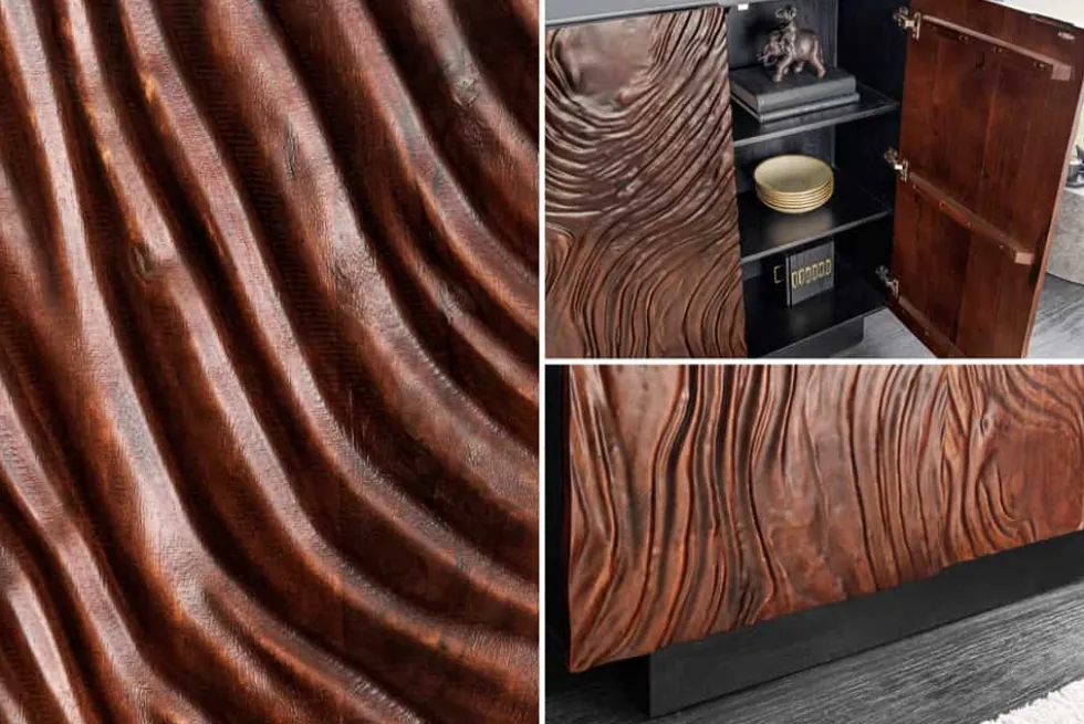 Massives Highboard FLUID 110cm walnuss-braun Akazienholz aufwendiges 3D-Design