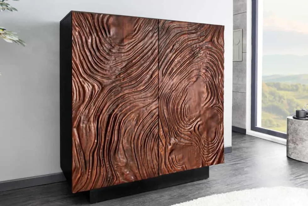 Massives Highboard FLUID 110cm walnuss-braun Akazienholz aufwendiges 3D-Design