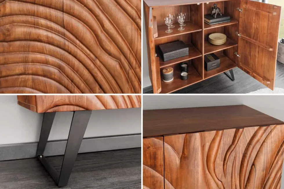 Massives Highboard FLUID 120cm walnuss-braun Akazienholz 3D-Design Kufengestell