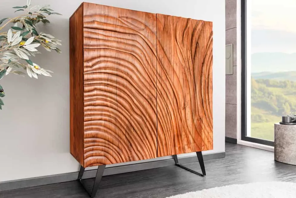 Massives Highboard FLUID 120cm walnuss-braun Akazienholz 3D-Design Kufengestell