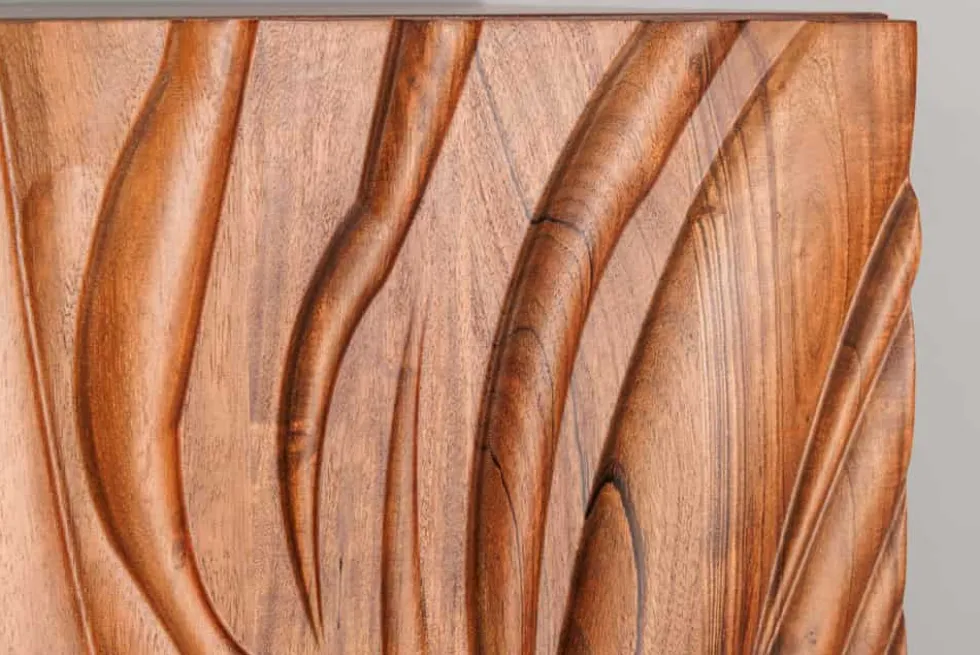 Massives Highboard FLUID 120cm walnuss-braun Akazienholz 3D-Design Kufengestell