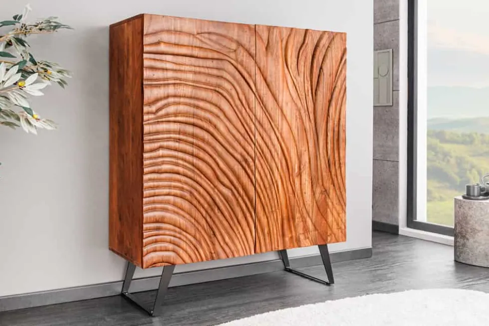 Massives Highboard FLUID 120cm walnuss-braun Akazienholz 3D-Design Kufengestell