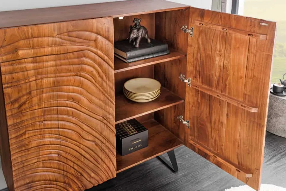Massives Highboard FLUID 120cm walnuss-braun Akazienholz 3D-Design Kufengestell