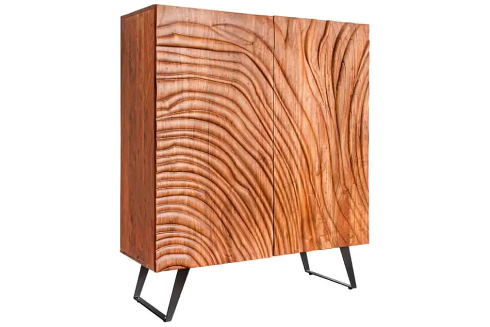 Massives Highboard FLUID 120cm walnuss-braun Akazienholz 3D-Design Kufengestell