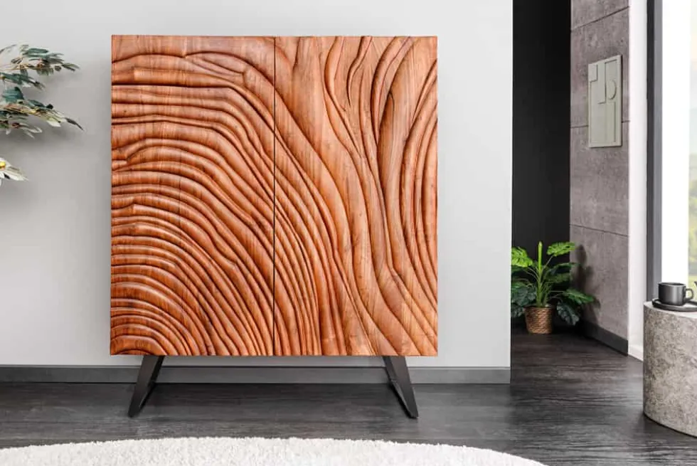 Massives Highboard FLUID 120cm walnuss-braun Akazienholz 3D-Design Kufengestell