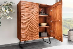 Massives Highboard FLUID 120cm walnuss-braun Akazienholz 3D-Design Kufengestell