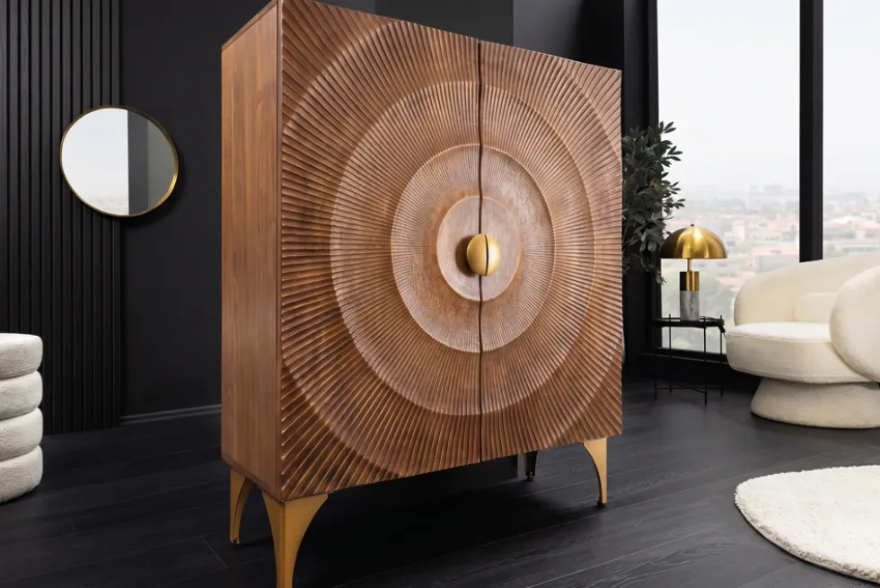 Massives Highboard GOLDEN SUNSET 120cm braun gold Mangoholz mit 3D Schnitzereien