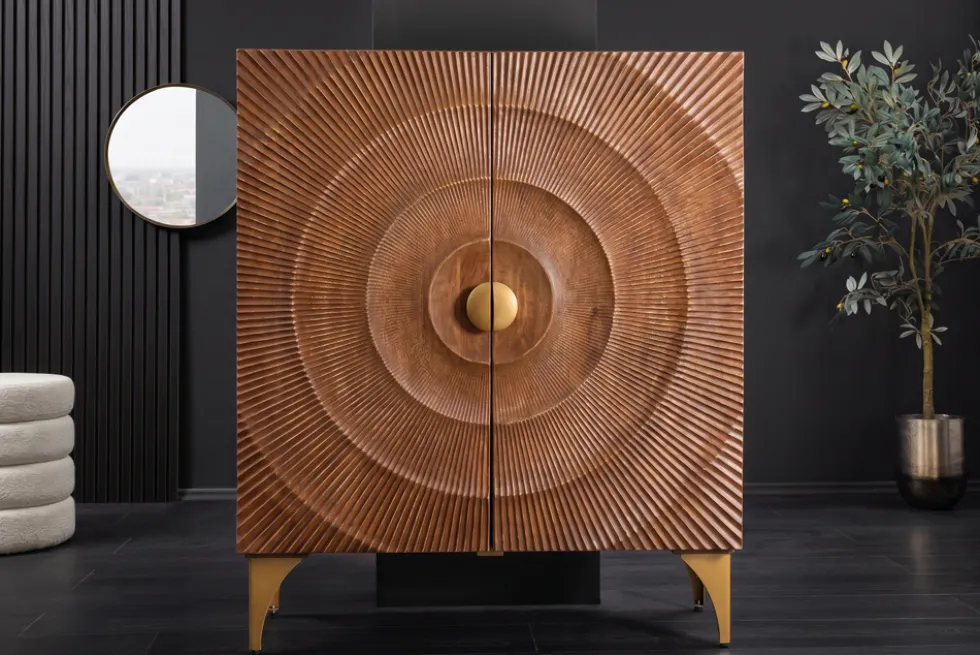 Massives Highboard GOLDEN SUNSET 120cm braun gold Mangoholz mit 3D Schnitzereien