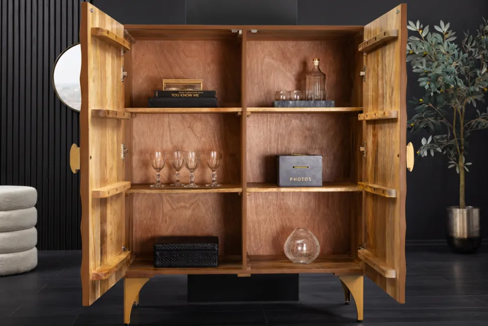 Massives Highboard GOLDEN SUNSET 120cm braun gold Mangoholz mit 3D Schnitzereien