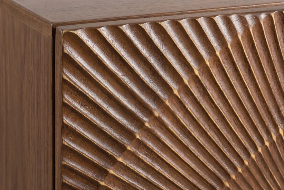 Massives Highboard GOLDEN SUNSET 120cm braun gold Mangoholz mit 3D Schnitzereien