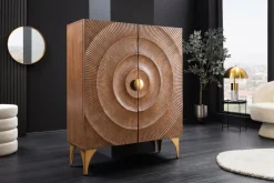 Massives Highboard GOLDEN SUNSET 120cm braun gold Mangoholz mit 3D Schnitzereien