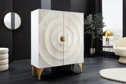 Massives Highboard GOLDEN SUNSET 120cm weiß gold Mangoholz mit 3D Schnitzereien