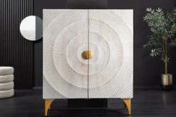 Massives Highboard GOLDEN SUNSET 120cm weiß gold Mangoholz mit 3D Schnitzereien