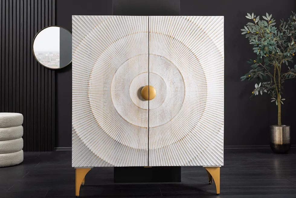 Massives Highboard GOLDEN SUNSET 120cm weiß gold Mangoholz mit 3D Schnitzereien