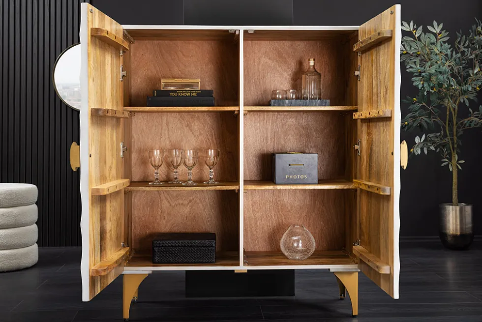 Massives Highboard GOLDEN SUNSET 120cm weiß gold Mangoholz mit 3D Schnitzereien