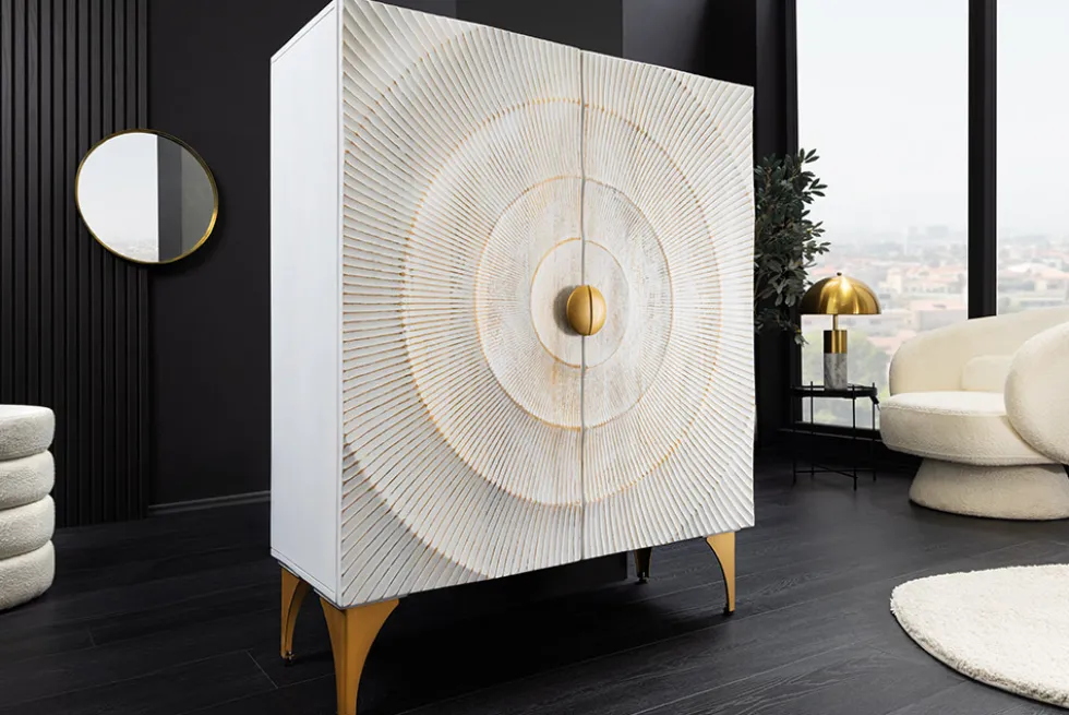 Massives Highboard GOLDEN SUNSET 120cm weiß gold Mangoholz mit 3D Schnitzereien