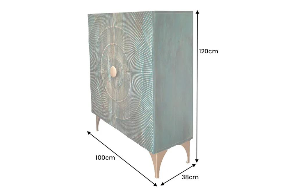 Massives Highboard GOLDEN SUNSET 120cm türkis gold Mangoholz mit 3D Schnitzereien