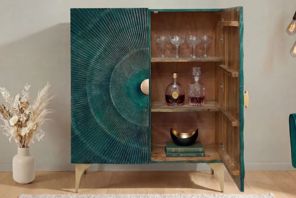 Massives Highboard GOLDEN SUNSET 120cm türkis gold Mangoholz mit 3D Schnitzereien