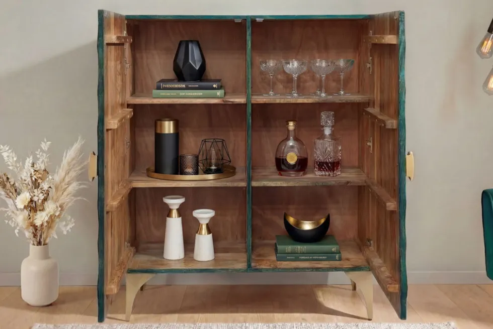 Massives Highboard GOLDEN SUNSET 120cm türkis gold Mangoholz mit 3D Schnitzereien