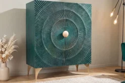 Massives Highboard GOLDEN SUNSET 120cm türkis gold Mangoholz mit 3D Schnitzereien