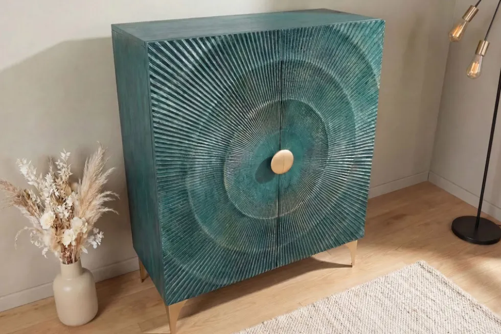 Massives Highboard GOLDEN SUNSET 120cm türkis gold Mangoholz mit 3D Schnitzereien