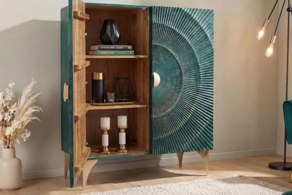 Massives Highboard GOLDEN SUNSET 120cm türkis gold Mangoholz mit 3D Schnitzereien