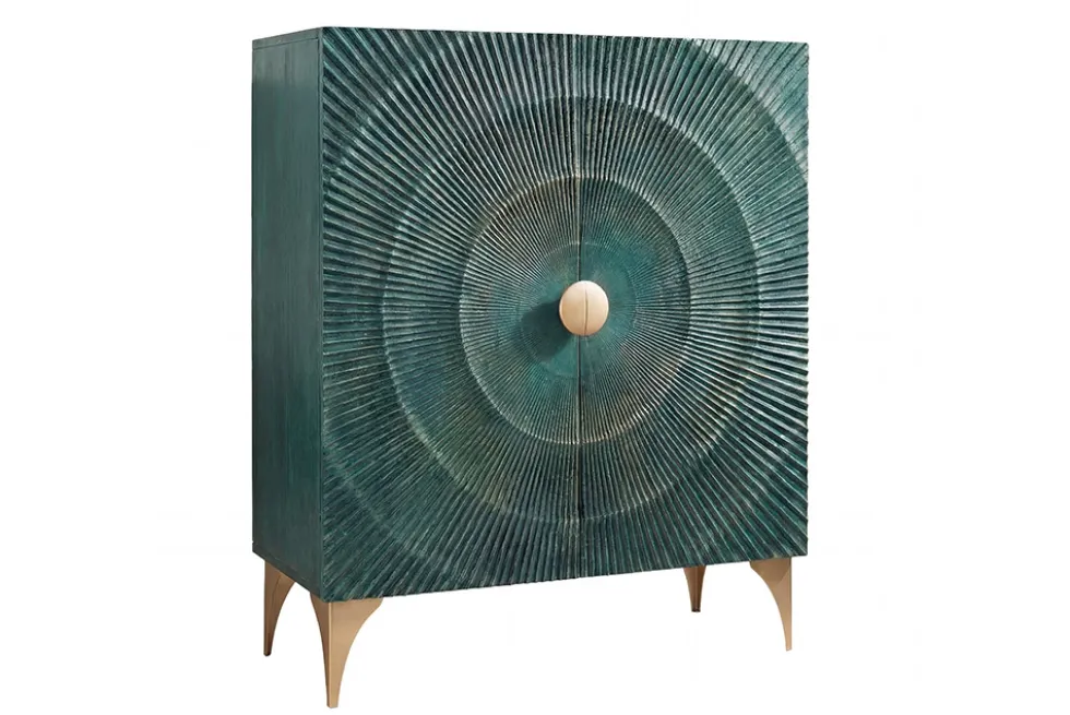 Massives Highboard GOLDEN SUNSET 120cm türkis gold Mangoholz mit 3D Schnitzereien