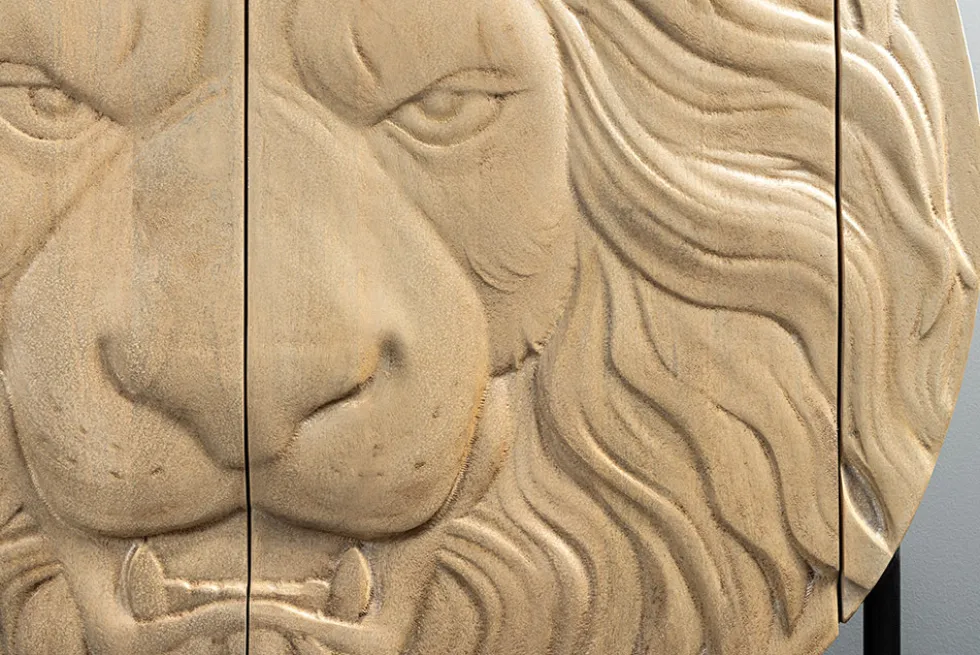 Massives Highboard LION 140cm weiß Mangoholz Metall 3D Schnitzereien Kunstwerk